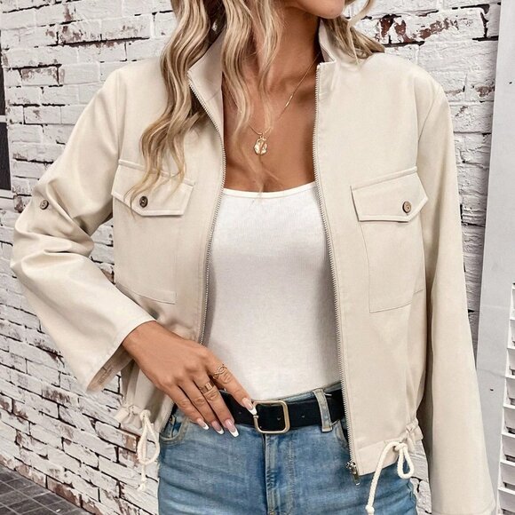 Apricot Casual Womens Flap Pocket Roll Tab Sleeve Drawstring Hem Zip Up Jacket - Picture 5 of 5